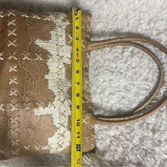 Bergé Italian leather embossed Tan and Cream cross stitching accents Tote Bag - Picture 9 of 13